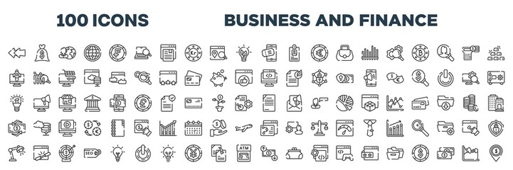 Plakat set of 100 outline business and finance icons. editable thin line icons such as two left arrows, eticket, rocket launch monitor, webcode, light modern lamp tool, content management, study light,