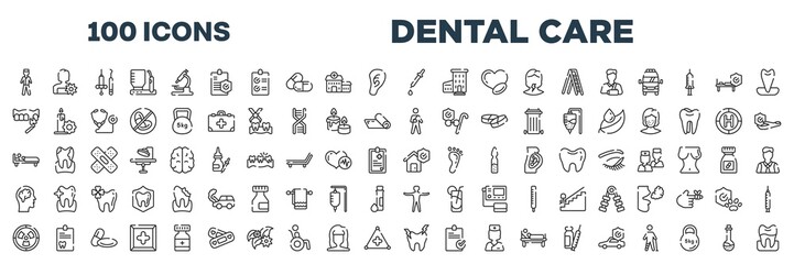 set of 100 outline dental care icons. editable thin line icons such as male surgeon wearing uniform, medicine dropper, veneer, wounded man, man in bed, disaster, radioactive danger, hypersensitive