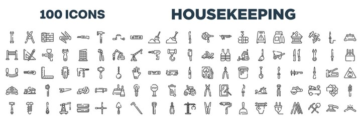 set of 100 outline housekeeping icons. editable thin line icons such as big double wrench, bread knife, road panel, cleaver, mezzaluna, leather cutter, hammer facinf left, null stock vector.