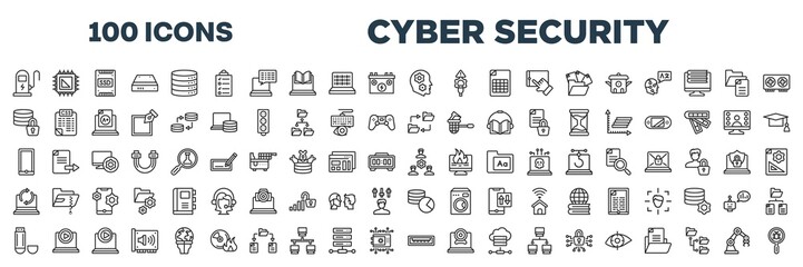 set of 100 outline cyber security icons. editable thin line icons such as electric station, thought, data encryption, data synchronization, mobile phones, work team, usb flash drive, usb port stock