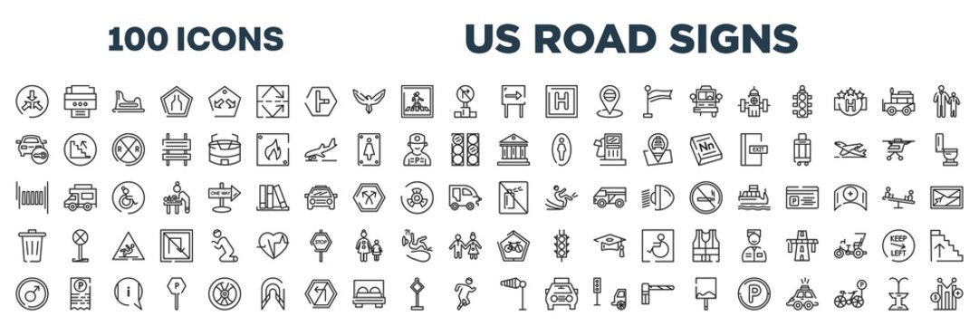 set of 100 outline us road signs icons. editable thin line icons such as converging, one way, locked car, museum, zebra crossing, no can, men, wind flag stock vector.