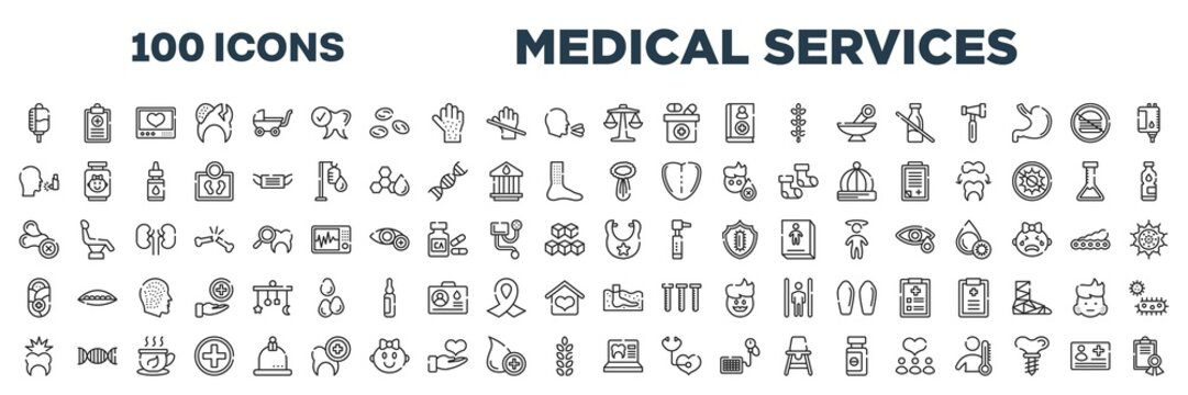 set of 100 outline medical services icons. editable thin line icons such as drop counter, weigh scale, asthma, celery, allergenic, bib, toothache, null stock vector.