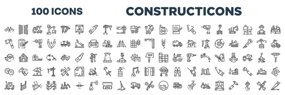 set of 100 outline constructicons icons. editable thin line icons such as flags crossed, three tools, inclined ax, angle ruler, saw half cogwheel, stop hand drawn, forklift tool, screwdriver and
