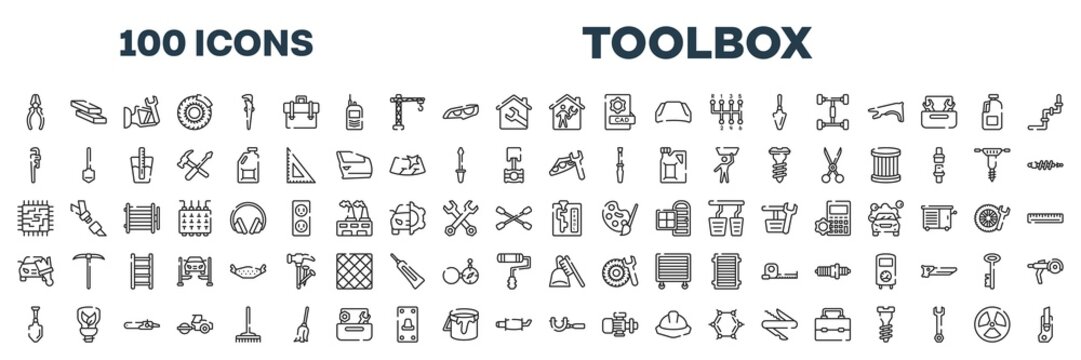 set of 100 outline toolbox icons. editable thin line icons such as repair pliers, repairman inside a home, stillson wrench, headlight, motherboard lines, automatic transmission, gardening palette,