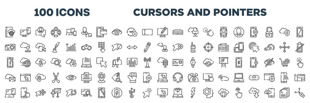 set of 100 outline cursors and pointers icons. editable thin line icons such as book on internet cloud, screen with pencil, vintage camera, , cracked screen, server for cloud, tablet and laptop,