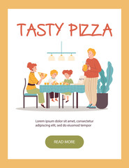 Poster or banner, card or flyer with family eat pizza, flat vector illustration.