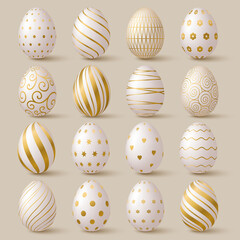 Easter egg collection. White and gold 3d elegant design elements.