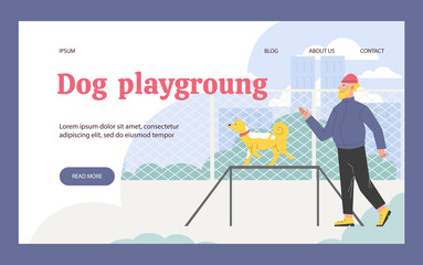 Dog playground web banner or poster template flat vector illustration.