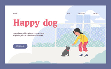 Website with girl playing with her dog in playground, flat vector illustration.