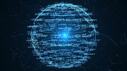 4K 3D Seamless loop Globe earth flies through white math formulas on black background. Math calculations functions equations. Matrix made up of formulas. Abstract cognitive process concept. - Powered by Adobe