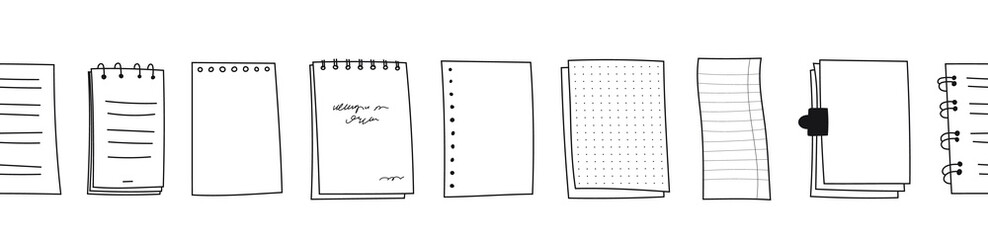 Seamless border doodle sheets of various notebooks. Hand-drawn paper with stripes, polka dots, blank. Spring-loaded notebooks reminders, memory. Set vector illustrations sketch pages for school.