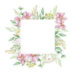 Watercolor square floral frame of pink flowers