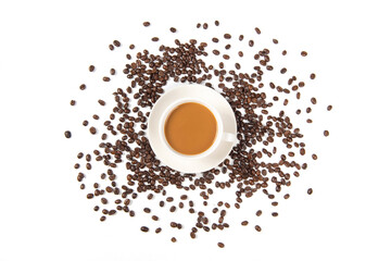 a cup of coffee with coffee beans on white background