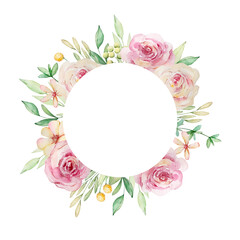 Watercolor round floral frame of pink roses