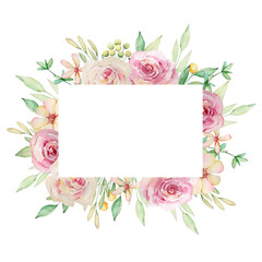 Watercolor rectangular floral frame of pink roses