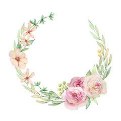 Watercolor delicate floral wreath with roses