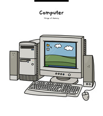 This is an old 90s basic computer. Windows 98 was used. - obrazy, fototapety, plakaty