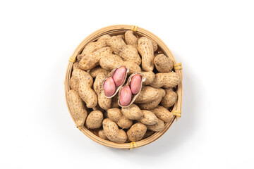  raw unpeeled peanut nuts isolated on white background. 