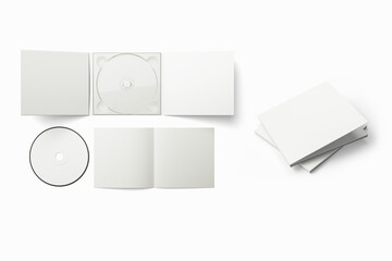 CD disc and carton packaging cover template mock up. Digipak case of cardboard CD drive. With white blank for branding design or text. Isolated on white background. High resolution 3d rendering. - obrazy, fototapety, plakaty