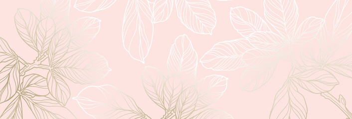 Luxury floral pattern with gold leaves on a pastel pink  background. Vector illustration with plant elements in line art style for covers, advertisements, wedding invitations, cards, wallpapers 
