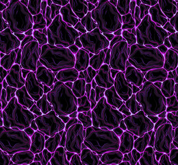 Vector eamless neon pattern of violet flowing water with stones. Plasma from molten rock. Cyber eruption with Earthquake.