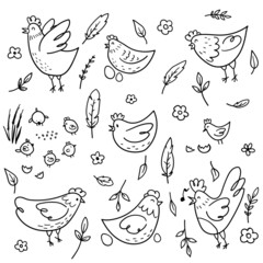 Vector sketch hand drawn doodle images of chickens, hens, roosters, eggs, feathers in cartoon style, line art. Elements for the eco design of the cover of food packaging, advertising banner, postcard.