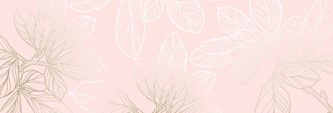 Luxury floral pattern with gold leaves on a pastel pink  background. Vector illustration with plant elements in line art style for covers, advertisements, wedding invitations, cards, wallpapers 

