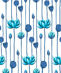 Seamless vector pattern with blue lotuses and stems. Botanical texture with buds and flowers on a white background. Fabric swatch