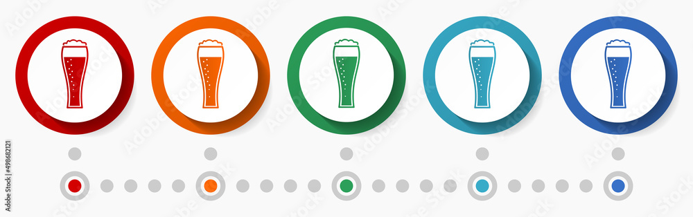 Poster beer, drink concept vector icon set, infographic template, flat design colorful web buttons in 5 col