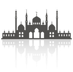 Mosque with minarets on skyline. Islamic architecture silhouette. Istanbul cityscape with reflection isolated on white background.