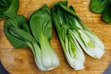 Organic and fresh bok choy or pak choi or pok choi (Brassica rapa subsp. chinensis) vegetables