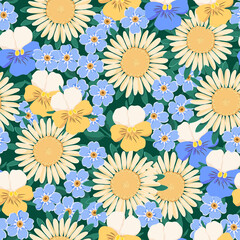 Vector seamless pattern with forget-me-nots bloom with small blue buds with a yellow core, Field violet,  chamomile. Illustration for background, postcard, fabric.