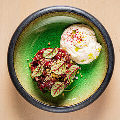beef tartar with sorrel leaves