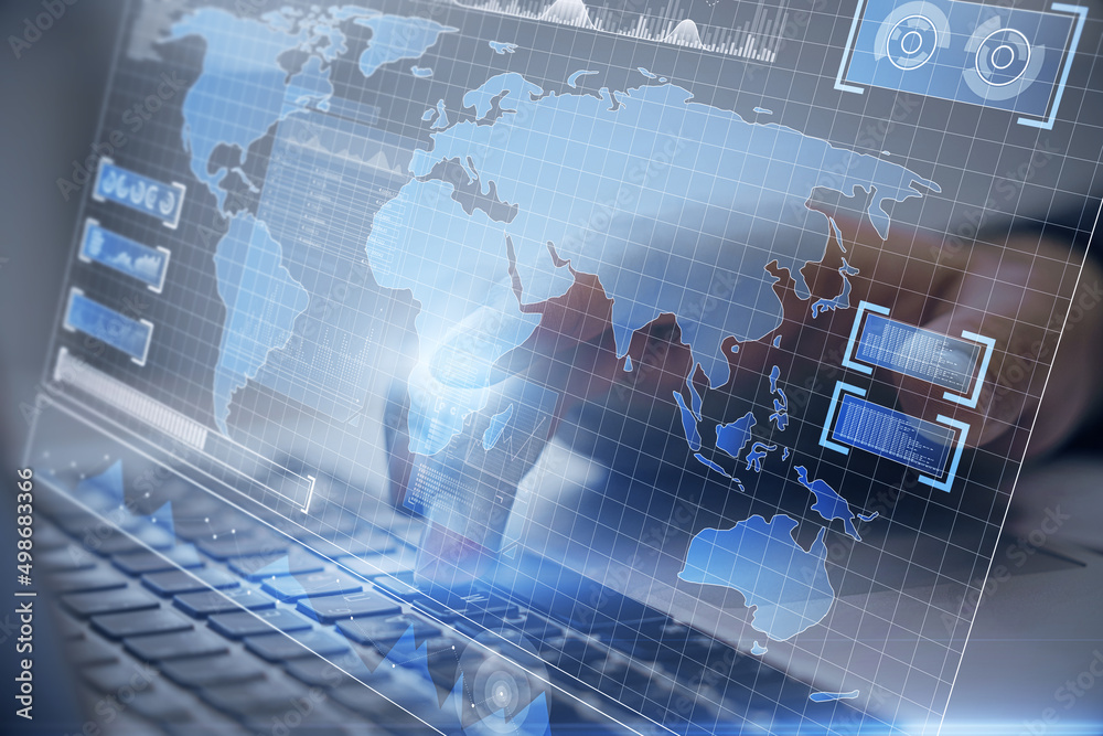 Poster Close up of businessman hand using laptop keyboard with creative blue radar map interface on blurry background. Spy and hud concept. Double exposure.