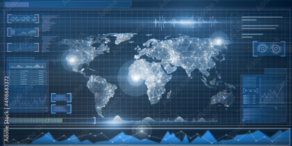 Wall mural abstract blue radar map interface on blurry background. spy and hud concept. 3d rendering.