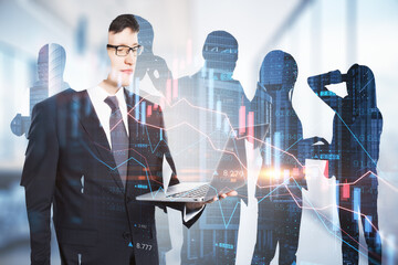 Attractive european businesspeople using devices on abstract office workspace background with forex...