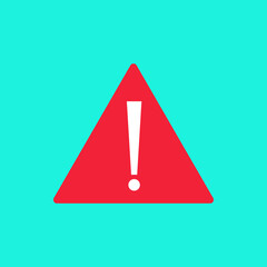 Icon of warning and risk. Attention danger, beware. Alert sign. Red triangle and exclamation mark. Flat vector icon isolated on blue background