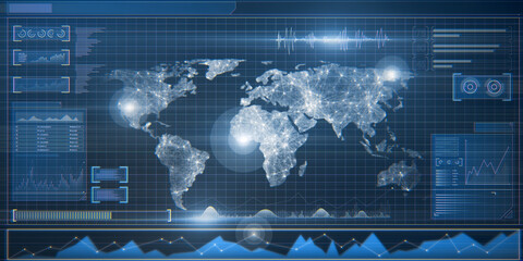 Abstract blue radar map interface on blurry background. Spy and hud concept. 3D Rendering.