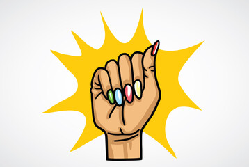 Woman's Hand Fist Raised Up Colorful Nail. Girl Power. Feminism Concept. Vector Illustration Drawing Graphic Design Art