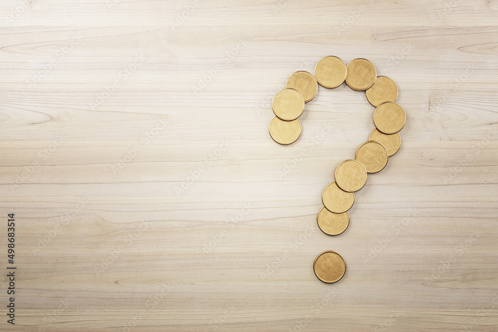 Poster abstract creative golden coin question mark on wooden surface backdrop with mock up place. money, un
