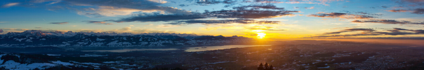 Panorama, Top view from Bachtel Tower located at Zurich Oberland during Winter sunset time. view over lake of Zurich