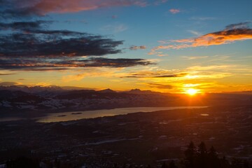 Bachtel Tower located at Zurich Oberland during Winter sunset time. Top view from Panorama view over lake of Zurich