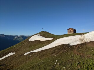 Swiss Mountain Chorbsch Horn at Davos Klosters Mountain. mountain hut shelter hike trail path great view