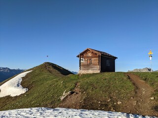 Swiss Mountain Chorbsch Horn at Davos Klosters Mountain. mountain hut shelter hike trail path great view