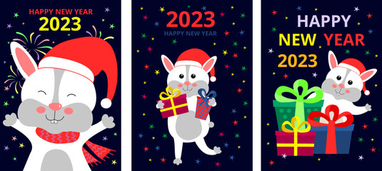Vector festive set design template New Year 2023 card. Funny animals. Vertical flat digital eps pattern.Image of rabbit with gifts for congratulatory typography poster, souvenir, gift