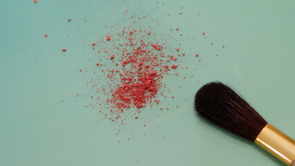 Closeup photo of the tip of makeup brush, with bits of red cosmetic blush powder near the brush tip.