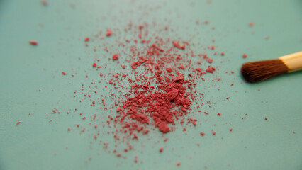 Closeup photo of the tip of makeup brush, with bits of red cosmetic blush powder near the brush tip.