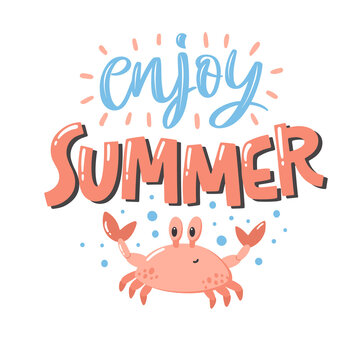 Colorful summer lettering in modern style. Hand-drawn holiday decoration. Isolated vector illustration. Cozy design with cute crab and water spray.