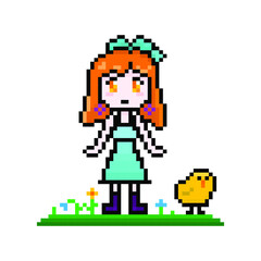 Pixel cute young girl with little chick on grass