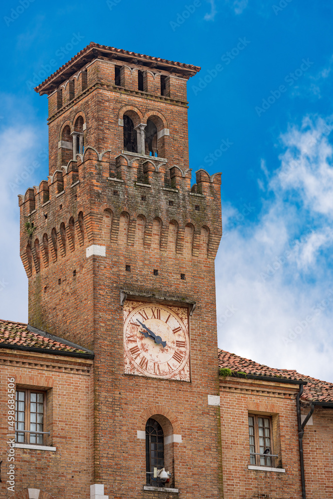 Sticker small town of oderzo in treviso province, veneto, italy, europe. close-up of the medieval clock towe